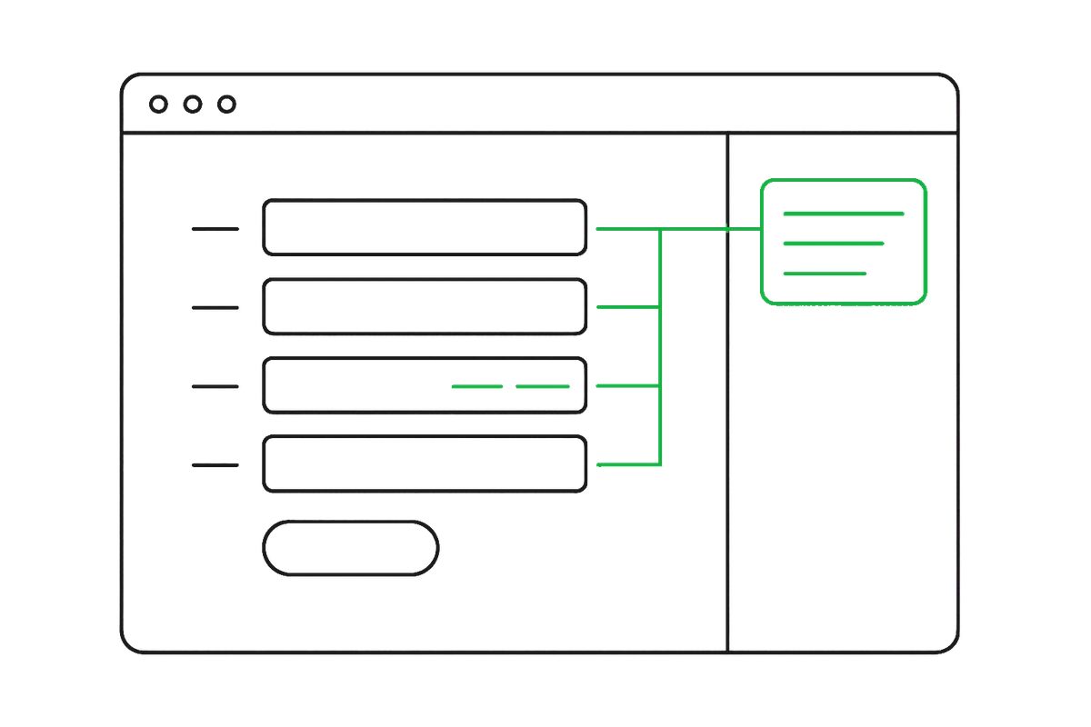 Line drawing of a browser window: a business form on the left with three of its fields filled in green, and the Dodo Fill side panel on the right holding the scanned record, with arrows carrying values from the panel into the fields
