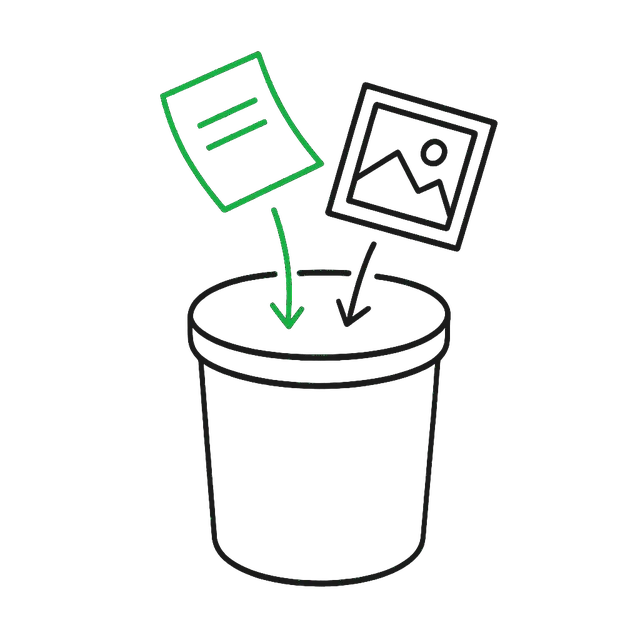 Line drawing of a document and an image dropping into a storage bucket