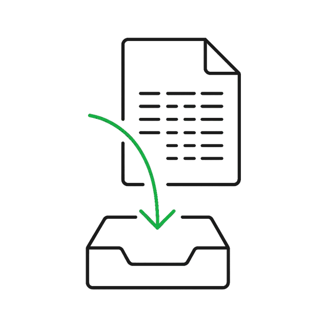 Line drawing of a table-ruled sheet with a download arrow into a tray