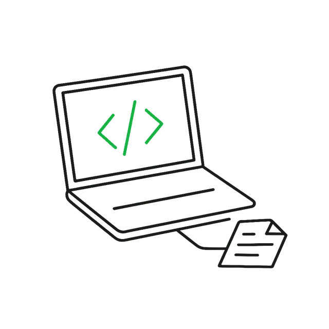 Line drawing of a laptop showing a code symbol, wired to a sheet of paper