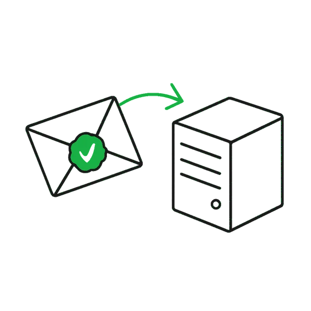 Line drawing of a sealed envelope arriving at a small server