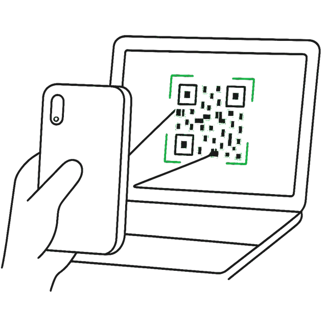 Line drawing of a phone camera reading a square code shown on a laptop screen